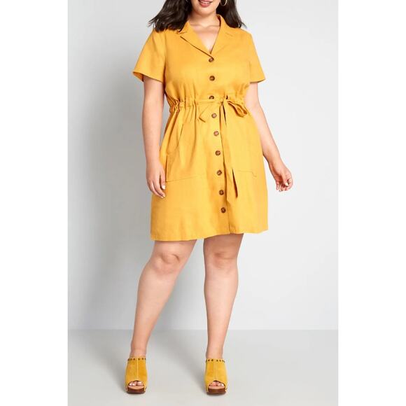 Modcloth Enthralled Again Shirt Dress Womens Size 1X Yellow Linen Blend Button - Picture 1 of 8